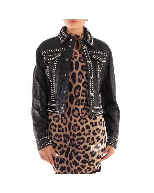 Philipp Plein Black Studs Skull Leather Jacket