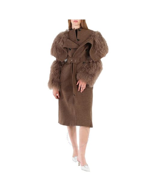 Burberry Brown Dark Mahogany Shearling Trim Wool Cashmere Double-breasted Trench Coat