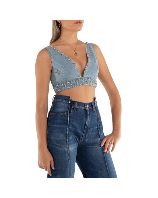 Rabanne Blue Ladies Light Denim Studded Denim Bralette, Brand Size 34 (Us