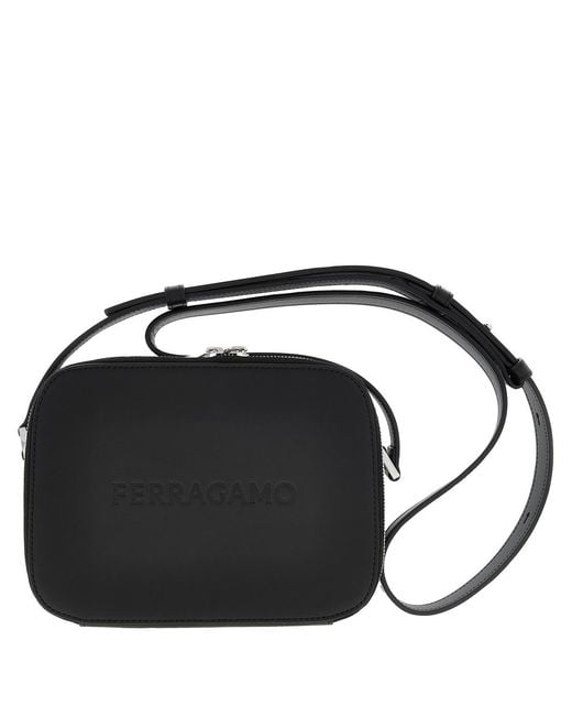 Ferragamo Black Logo Embroided Leather Camera Case for men