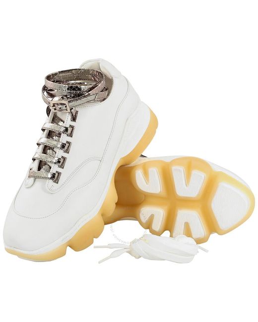 Giannico White Calfskin Python Lace-up Buckle Sneakers