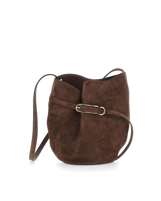 Liffner Brown Belted Bucket Crossbody Bag With Belt On The Front