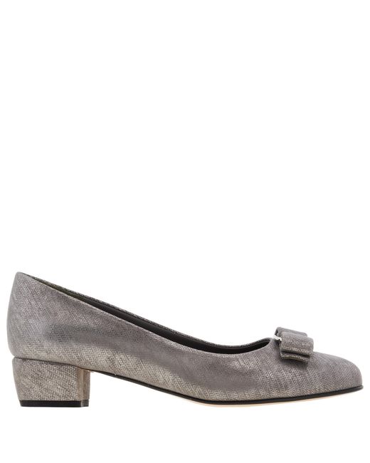 Ferragamo Gray Vara Bow Metallic Pumps