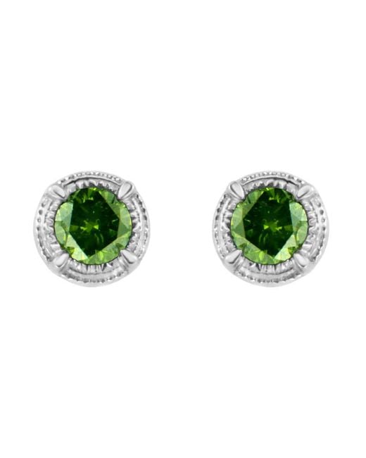 Haus of Brilliance .925 Sterling Silver 1/5 Cttw Treated Green Diamond Modern 4-prong Solitaire Milgrain Stud Earrings
