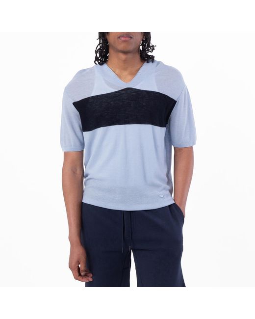 Emporio Armani Blue Colour Block V-Neck T-Shirt for men
