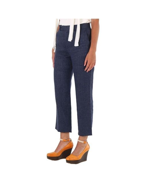 Chloé Blue Ladies Deep Ocean Cropped Tailored Linen Pants, Brand Size 42 (Us