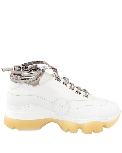 Giannico White Calfskin Python Lace-up Buckle Sneakers