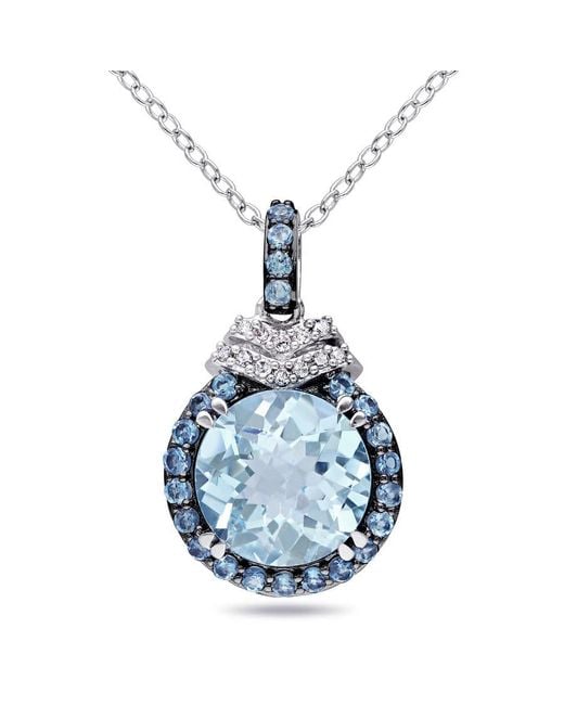 Amour Blue 4 3/4 Ct Tgw Sky And London Topaz And Diamond Halo Pendant With Chain