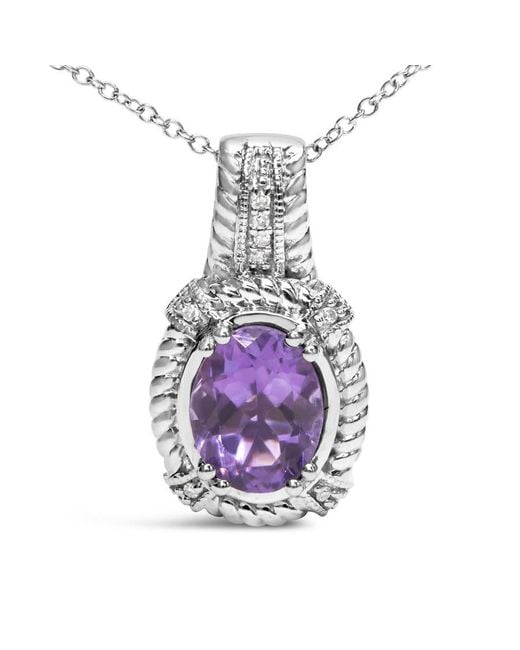 Haus of Brilliance White 925 Sterling 9X7Mm Oval Amethyst And Round Diamonds 1/50 Cttw Fashion Drop Pendant (I-J Color, I1-I2 Clarity)