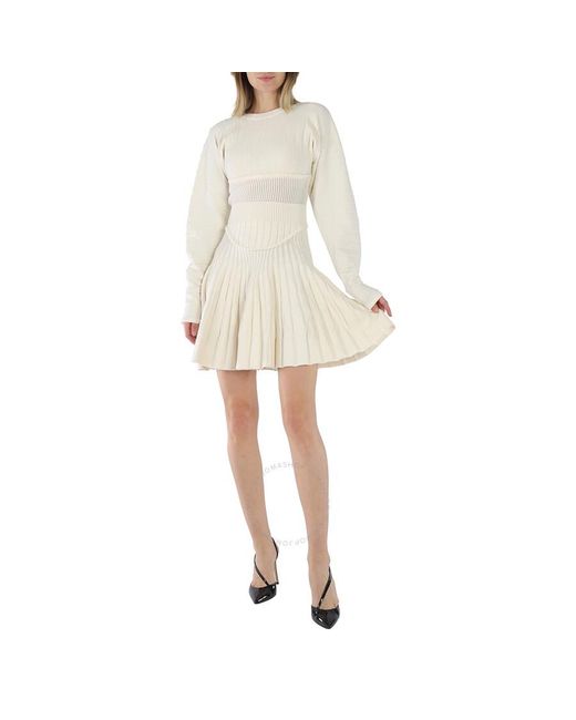 Roberto Cavalli White Ribbed Knit Mini Long Sleeve Dress