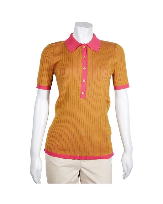 Burberry Orange Knit Tops Solid Colorblock Ribbed Polo Shirt