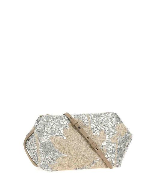 Brunello Cucinelli White Naturale Linen Embellished Clutch Bag