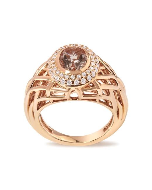 Haus of Brilliance Metallic 14K Rose Light Morganite & 3/8 Cttw Diamonds Halo And Basket Weave Cocktail Ring