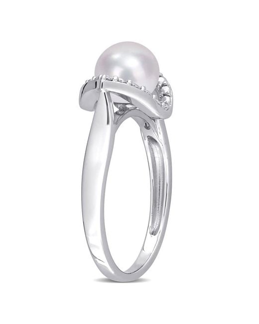 Amour White 7-7.5Mm Freshwater Cultured Pearl And Created Sapphire Halo Ring