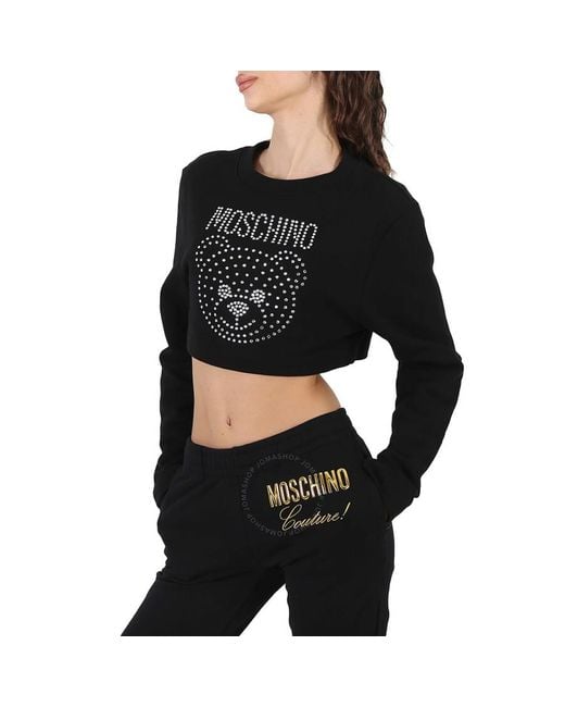 Moschino Black Fantasy Print Crystal Teddy Cropped Cotton Sweatshirt