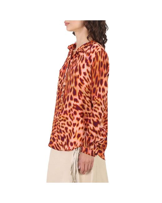 Stella McCartney Orange Leopard Printed Silk Crepe De Chine Shirt