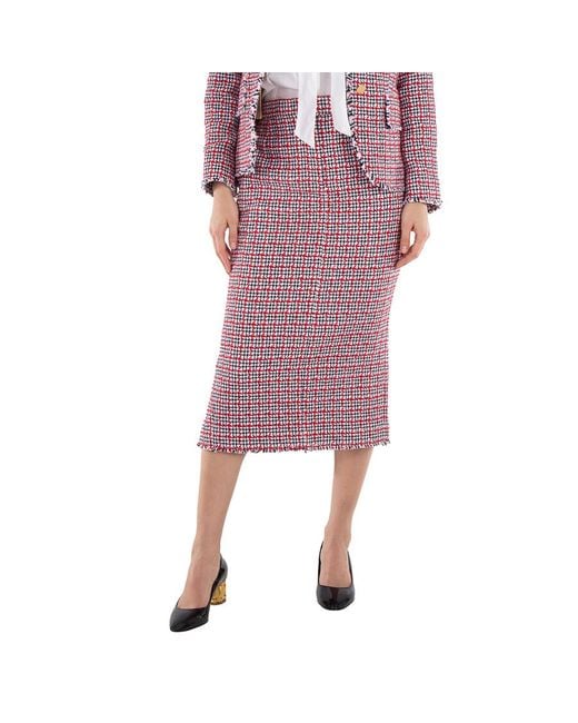 Thom Browne Purple Ladies Check Summer Tweed Fray Maxi Low Rise Pencil Skirt