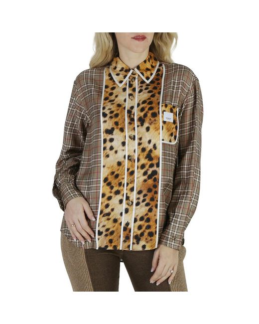 Burberry Brown Leopard Fawn Check Print Silk Logo Oversized Blouse