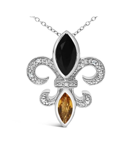 Haus of Brilliance Metallic 925 Sterling Marquise Onyx And Citrine And Diamond Accent Fleur De Lis Pendant Necklace (H-I Color, Si1-Si2 Clarity)
