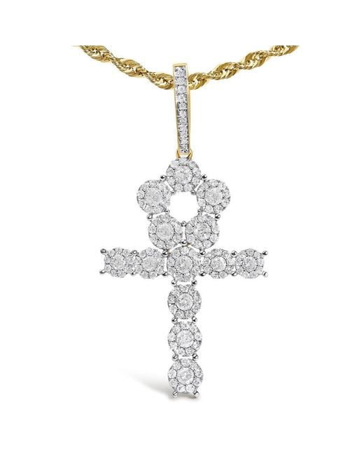 Haus of Brilliance Metallic 10K 1 3/4 Cttw Diamond Cluster Ankh Cross Pendant Necklace for men