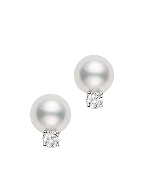 Mikimoto White Akoya Cultured Pearl Stud Earrings 8 X 8.5 Mm; With 0.10Ct Diamonds; Set