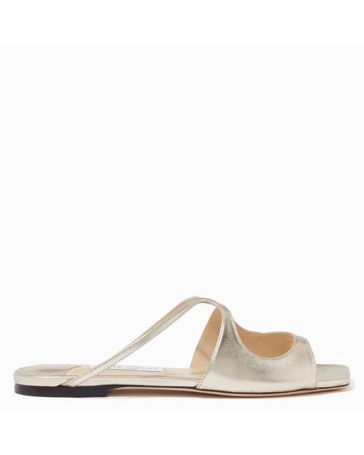 Jimmy Choo Natural Anise Metallic Nappa Flat Sandals, Brand Size 34 Us