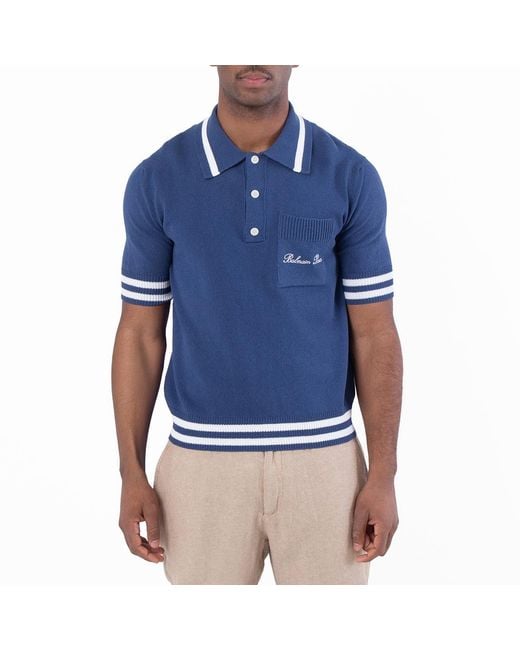 Balmain Blue Siganture Embroidered Polo Shirt for men