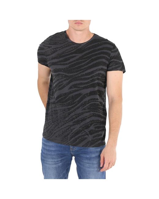 Roberto Cavalli Black Animalia Print Strass Cotton T-shirt for men
