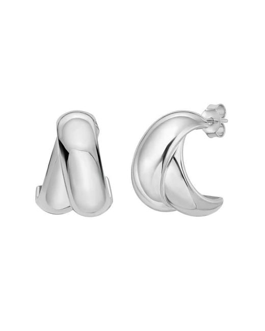 Tresorra White Sterling Puffed Crossover C-Hoops Earrings