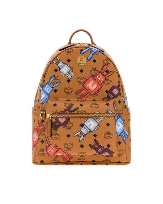 MCM Orange Printed Canvas Stark Backpack Cognac Zaini