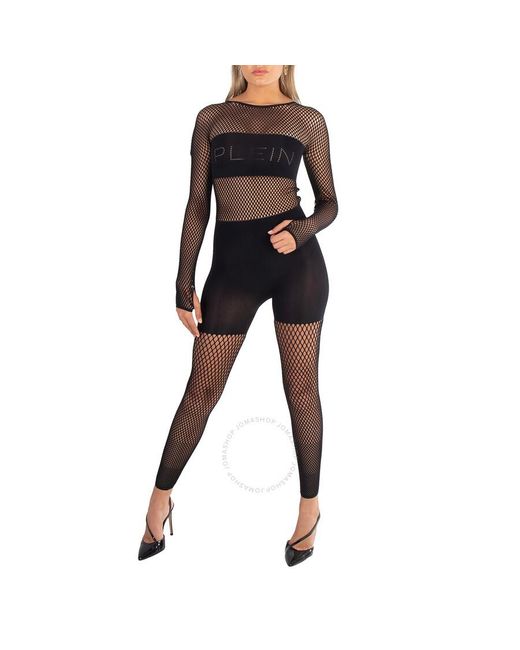 Philipp Plein Black Seamless Mesh Long-sleeves Jumpsuit