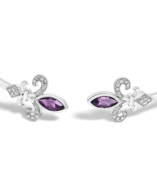 Haus of Brilliance Metallic 925 Sterling 8X4Mm Marquise Amethyst And Diamond Accent Fleur Di Lis Open Cuff Bangle (I-J Color, I1-I2 Clarity)