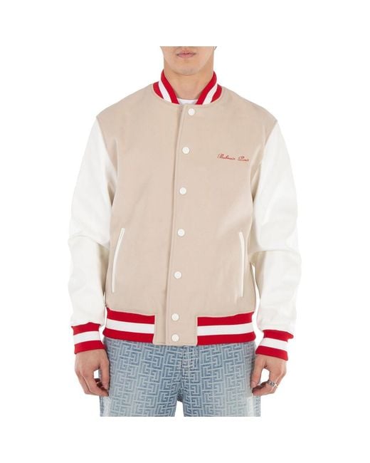 Balmain Natural Classic Wool Varsity Jacket With Signature Embroidery For for men