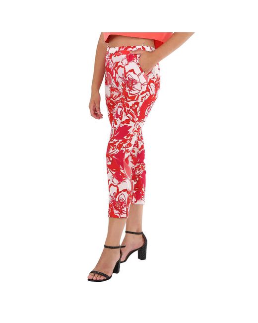 Roberto Cavalli Red Hydrangea / White Floral-print Straight-leg Silk Trousers