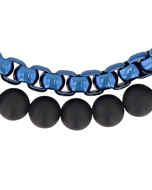 Robert Alton Blue Stainless Steel Matte Onyx Bead Bolo Bracelet for men