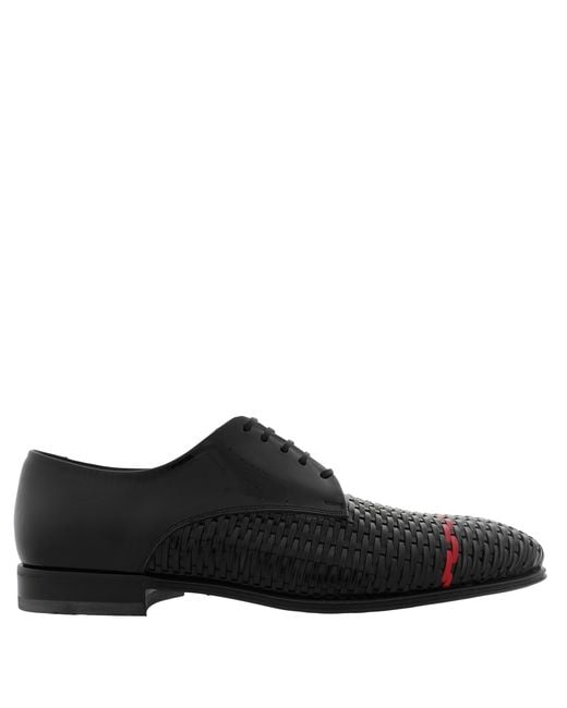 Ferragamo Black Woven Leather Derby Shoes for men