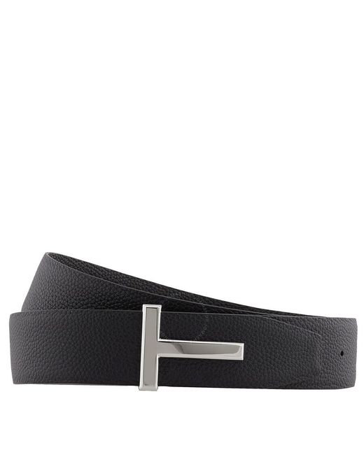 Tom Ford Black Soft Grain Leather Icon T Reversible Belt for men