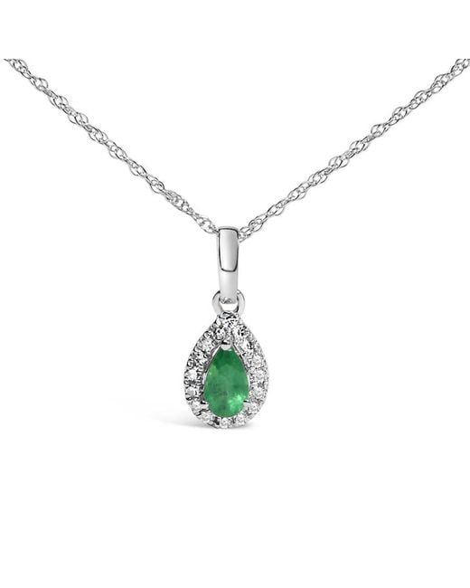 Haus of Brilliance Metallic 10K 5X3Mm Emerald And Diamond Accent Halo Pear Shape Pendant Necklace