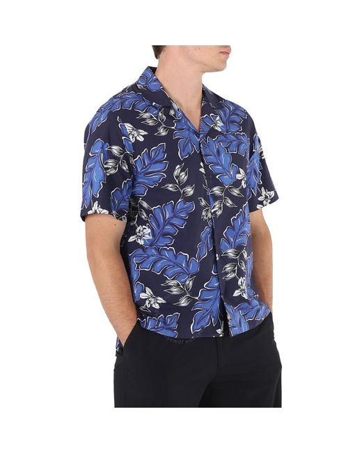 Moncler Blue Navy Hawaiian-print Cotton Shirt for men