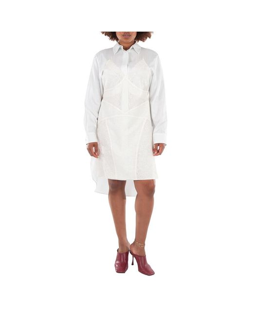Fendi White Lace-Detail Silk Shirt Dress, Brand Size 42 (Us