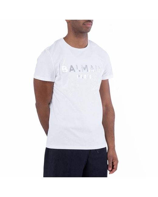 Balmain White Foil Logo Embossed T Shirt for men