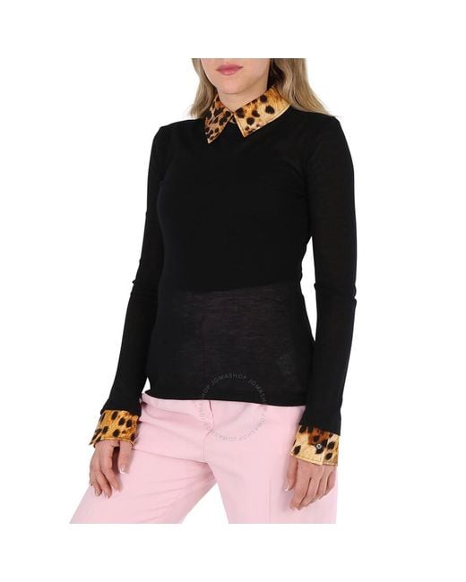 Burberry Black Long-sleeve Spotted Monkey Print Trim Cashmere Top