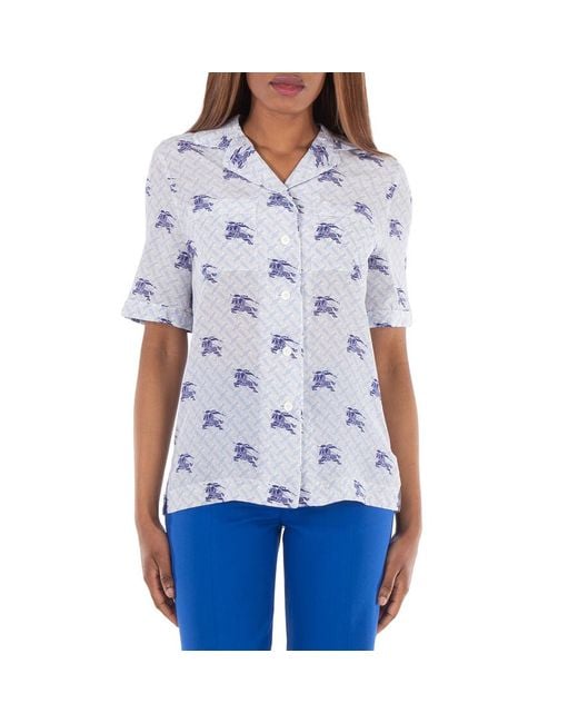 Burberry Blue Tabi Ekd Monogram Silk Pyjama Shirt, Brand Size 8 Us