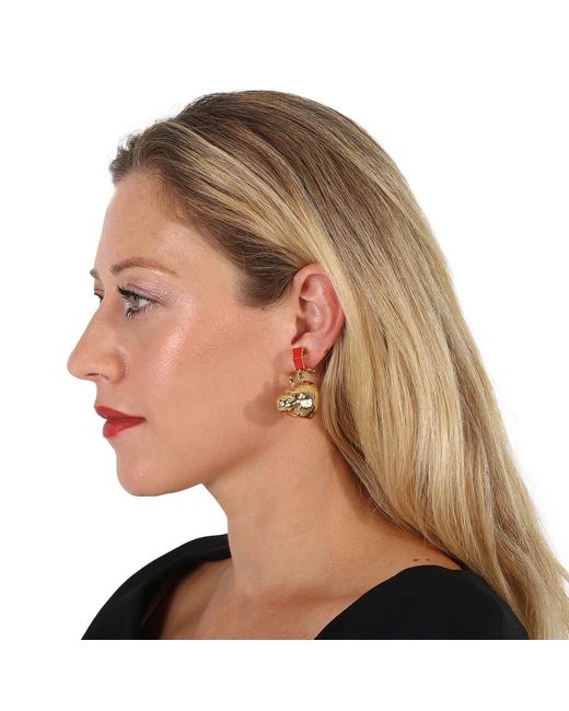 Burberry Metallic Bright Red Light Gold Leather And Gold-plated Nut And Gorilla Earrings