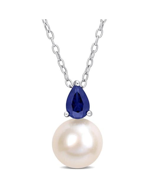 Amour Blue 8.5-9Mm Freshwater Cultured Pearl And 5/8 Ct Tgw Created Sapphire Solitaire Pendant With Chain