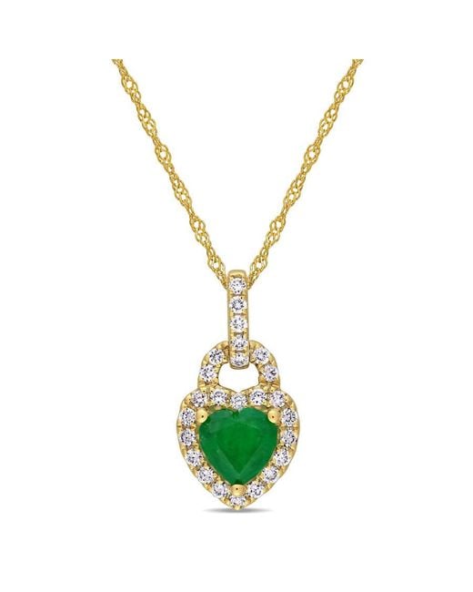 Amour Metallic 5/8 Ct Tgw Emerald And 1/4 Ct Tw Diamond Halo Heart Pendant With Chain for men