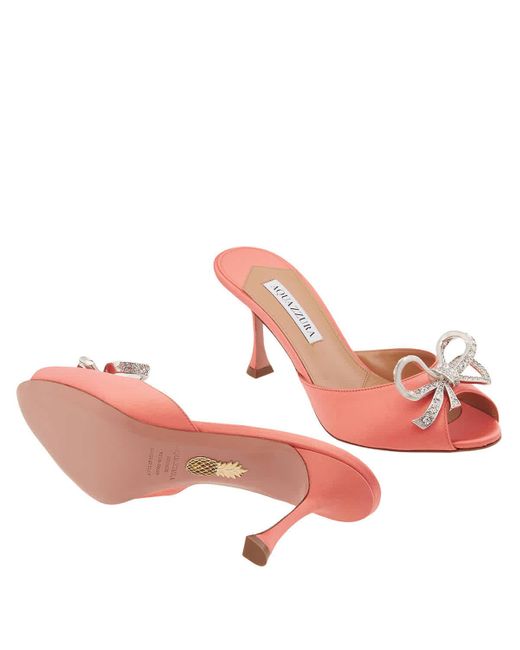 Aquazzura Pink Carrie 75 Crystal Satin Bow Mules