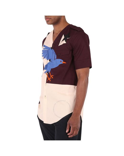 Burberry Blue Deep Maroon Bird Geo Print Short Sleeve Cotton Shirt for men