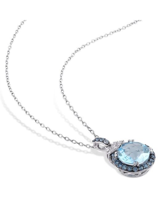 Amour Blue 4 3/4 Ct Tgw Sky And London Topaz And Diamond Halo Pendant With Chain