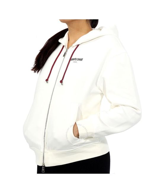 Roberto Cavalli White Cotton Lucky Symbols Zip Hooded Sweatshirt